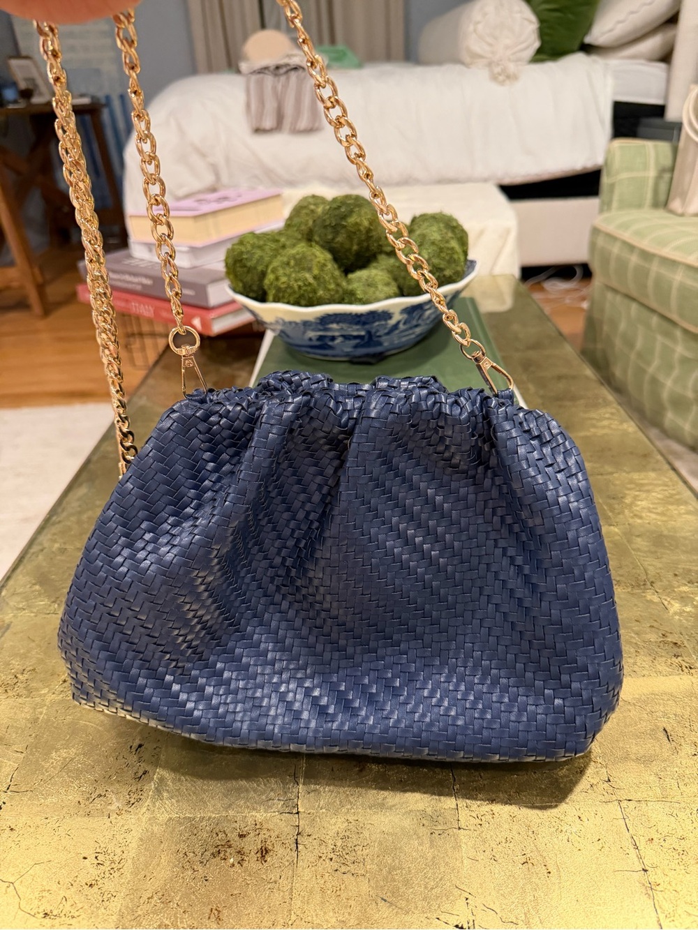 Anthropologie Navy Woven Clutch with Gold Chain - Picture 2 of 3